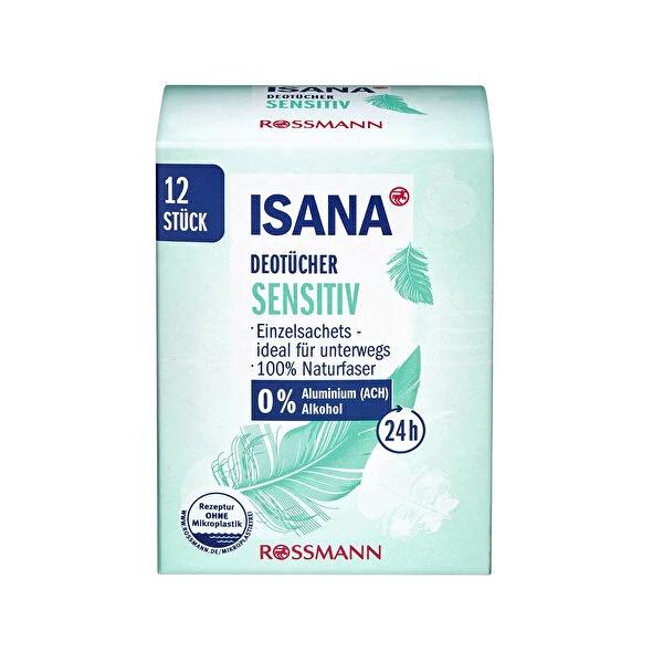 Isana Deodorant Wipes for Sensitive Skin - 24-Hour Odor Protection, Alcohol & Aluminum-Free, Individually Wrapped - 12 Count