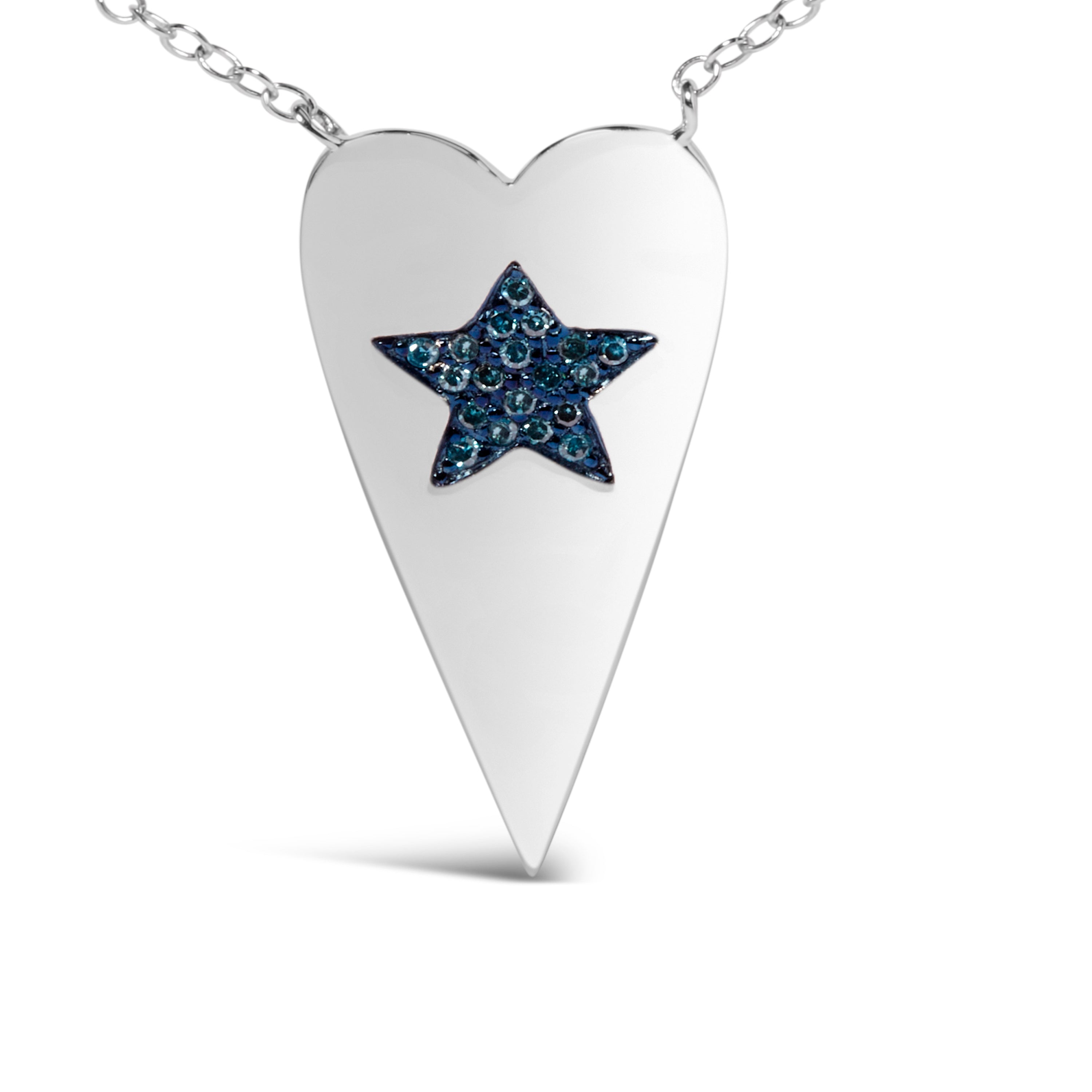 .925 Sterling Silver Blue Diamond Heart with Star Pendant Necklace