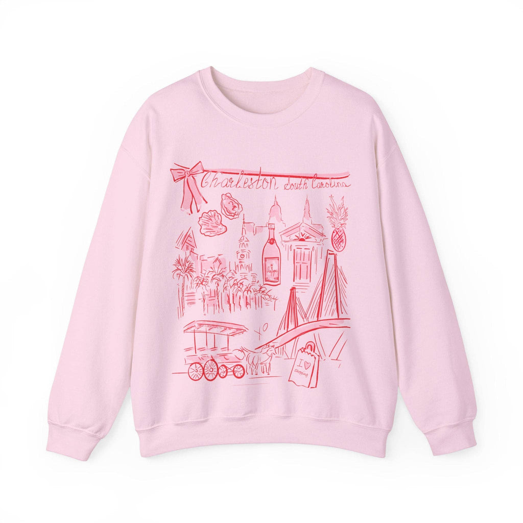 Pink sweatshirt with red graphics on a white background