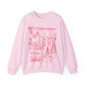 Pink sweatshirt with red graphics on a white background