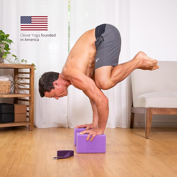 Clever Yoga Blocks 2 Pack with Strap - Extra Light Weight Sweat Repelling Foam Yoga Block Set with Cotton 8ft Yoga Stretch Strap - Yoga Block and Strap Set Kit for Beginner to Pro - Exercise