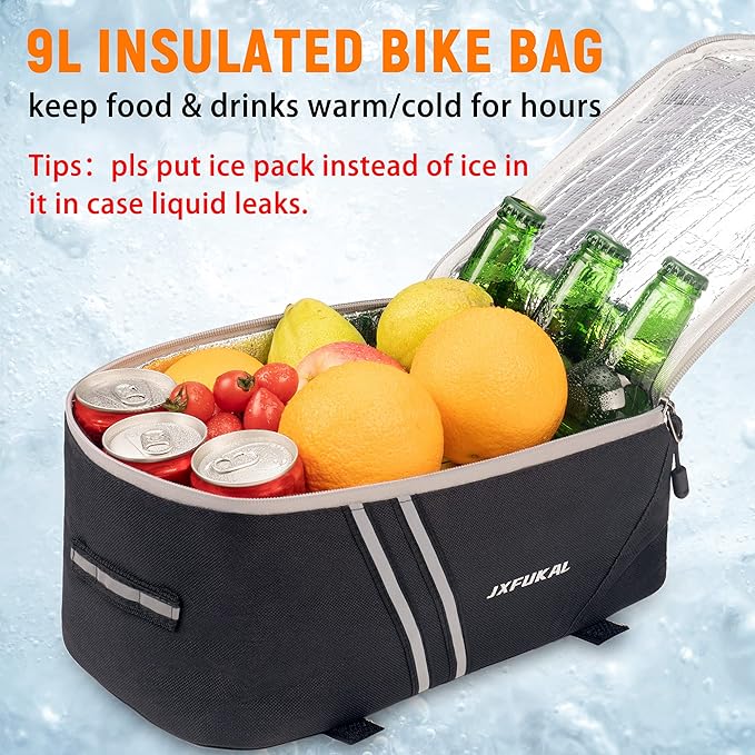 JXFUKAL Rear Bike Rack Bag with Rain Cover, 7L/9L/10L/12L Waterproof Bicycle Ebike Saddle Bag Cycling Pannier Trunk Carrier with Reflector & Adjustable Cord for Commuter Travel Outdoor