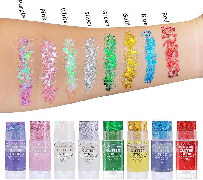 Red Body Hair Glitter Stick, Mardi Gras Makeup Chunky Sequins Face Glitter Rave Singer Concert for Kids, Halloween Glitter Paint for Kids,Waterproof Shimmer Accessories for Parties Carnival
