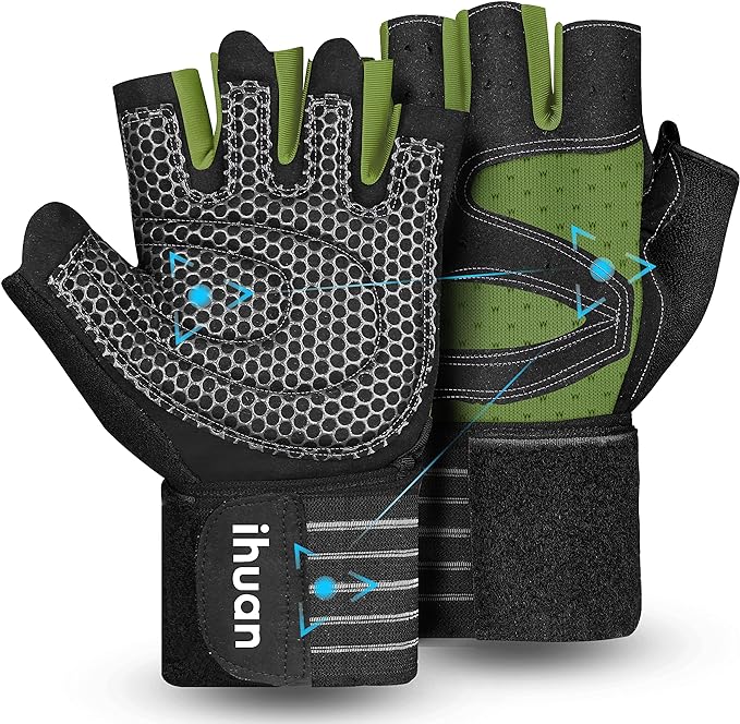 ihuan Ventilated Weight Lifting Gym Workout Gloves with Wrist Wrap Support for Men & Women, Full Palm Protection, for Weightlifting, Training, Fitness, Hanging, Pull ups