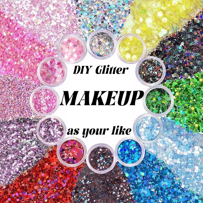 Body Glitter Face Glitter, Hair Glitter for Kids, 12 Shapes Fine Chunky Glitter Gel for Women Girls Makeup Sparkles Party Mermaid Sequins Rave Accessories Singer Concerts Festival (Gold Scheme)