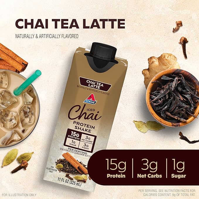Atkins Chai Tea Latte Protein Shake with 15g Protein, 3g Net Carbs, 1g Sugar and Atkins Chocolate Chip Protein Cookie with 10g Protein, 3g Net Carbs, 1g Sugar, Keto Friendly, 4 Count
