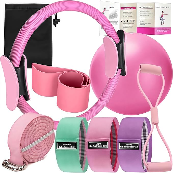 Pilates Set – Home Pilates Equipment for Women Kit with Magic Circle Pilates Ring and Ball Set, Resistance Bands & Massage Balls & Exercise Bands for Toning，Flexibility & Core Strength