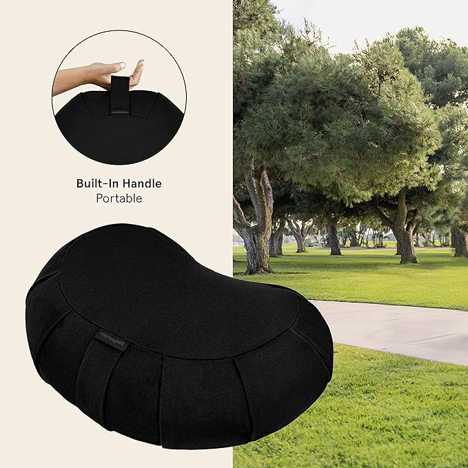 Retrospec Sedona Zafu Meditation Cushion Filled w/Buckwheat Hulls - Yoga Pillow for Meditation Practices - Machine Washable 100% Cotton Cover & Durable Carry Handle, Crescent, Black