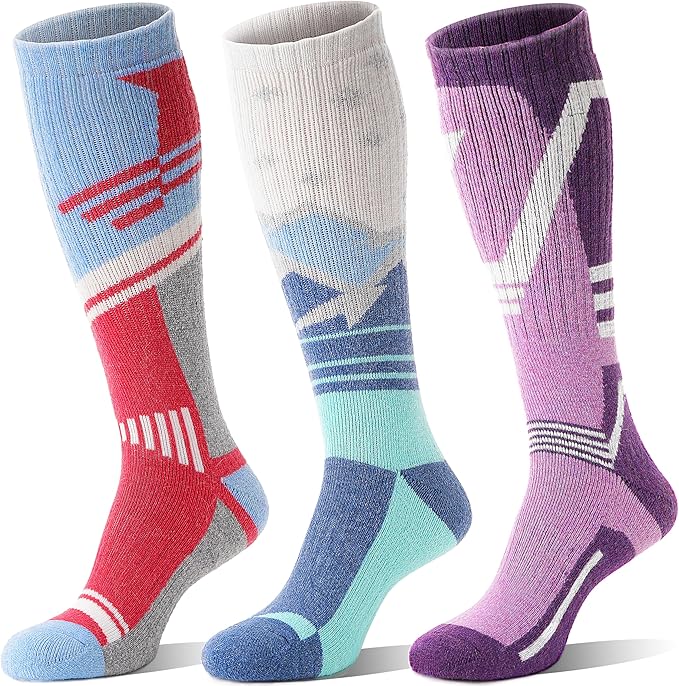 3 Pairs Merino Wool Ski Socks Thermal Warm Winter Thick Knee High Snowboarding Skiing Socks for Women Men