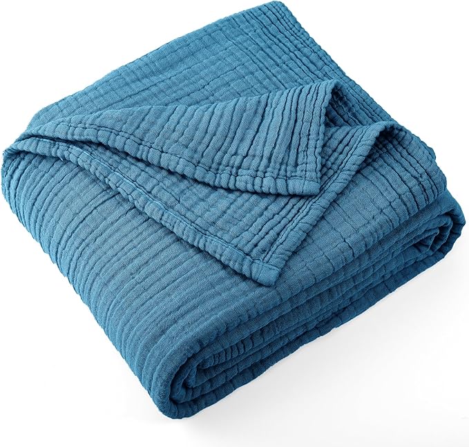 Carriediosa 100% Cotton Muslin Throw Blanket 50" X 70" Throw XL Size，4-Layers Summer Gauze Throws for Bed Couch，Soft Lightweight Breathable Linen Blankets Bedspread for Adults All Season，Dusty Blue