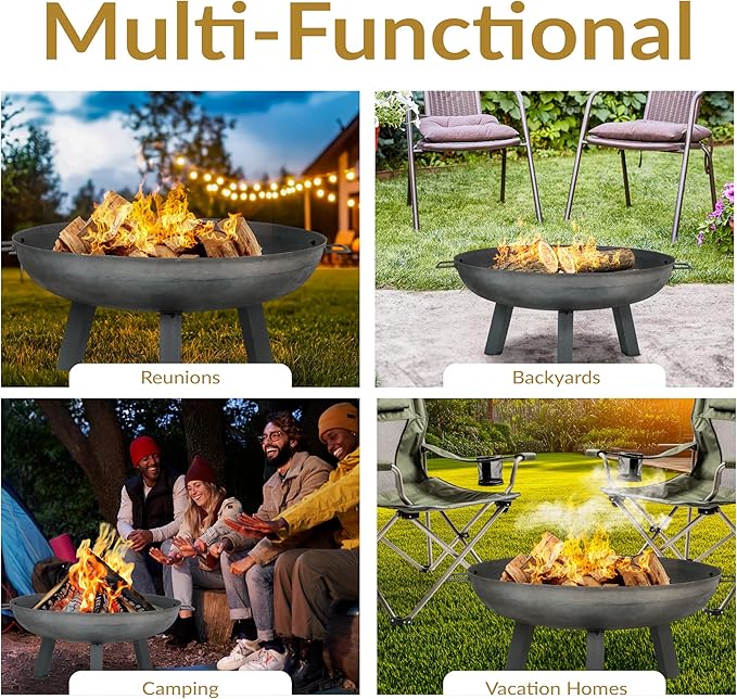 Sunnydaze 30-Inch Cast Iron Heavy-Duty Fire Pit for Outside - Wood-Burning Outdoor Fire Pit Bowl with Handles - Steel Finish