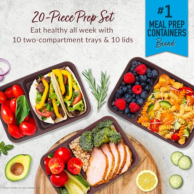 Bentgo 20-Piece Lightweight, Durable, Reusable BPA-Free 2-Compartment Containers - Microwave, Freezer, Dishwasher Safe - Burgundy