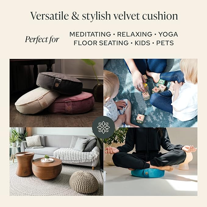 Mindful & Modern Velvet Meditation Cushion | Luxe Zafu Yoga Floor Pillow Seat | Posture Support | Buckwheat Hull Filled | Large Round Cushion with Removable Washable Cover + Carry Handle | Color Teal