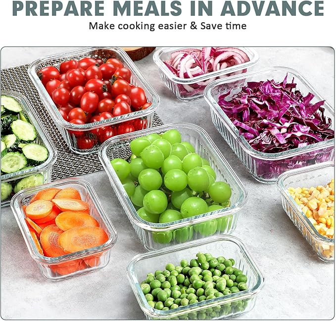 10 Packs Glass Food Storage Containers Set, Glass Meal Prep Containers with Lids, Airtight Lunch Containers, Microwave, Oven, Freezer and Dishwasher Safe, White