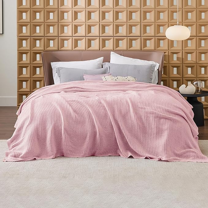 Bedsure 100% Cotton Blanket Queen Size for Bed - Breathable and Soft, Waffle Weave Blanket for Summer, Thick Cozy Fall Blankets for Women Gift, Pink, 90x90 Inches
