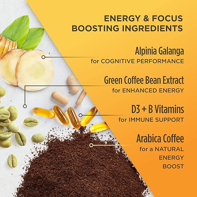 VitaCup Lightning Coffee Pods, for Focus w/ 2X Caffeine, Green Coffee Bean, B Vit, D3, Strong Dark Roast Arabica Beans, Single Serve Pod Compatible with Keurig K-Cup Brewers, 64 Ct (4 Pack of 16 ct)
