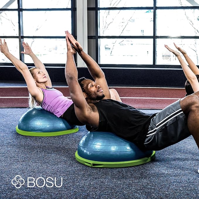 Bosu Balance Ball Exercise Trainer, Home Gym Equipment w/ Guided Workouts & Pump, 26", Blue - Inflatable Fitness Platform for Strength Training, Standing, Balancing, and Core Workout