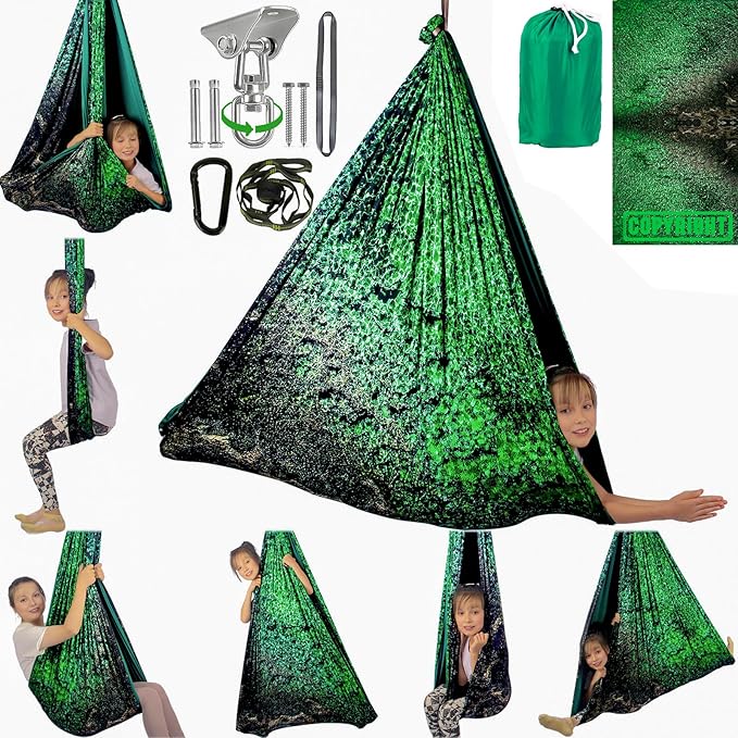 Sensory Swing for Kids & Adults Holds 300lbs Indoor/Outdoor Therapy Cuddle Swing with 360° Swivel Hanger Kit (Crystal Green)