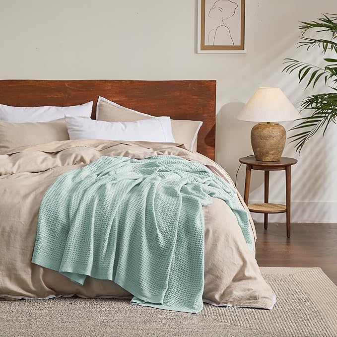 Bedsure 100% Cotton Blanket Twin XL Size for College Dorm - Breathable and Soft, Waffle Weave Twin Blanket for Summer, Dorm Room Essentials, Mint, 66x90 inches