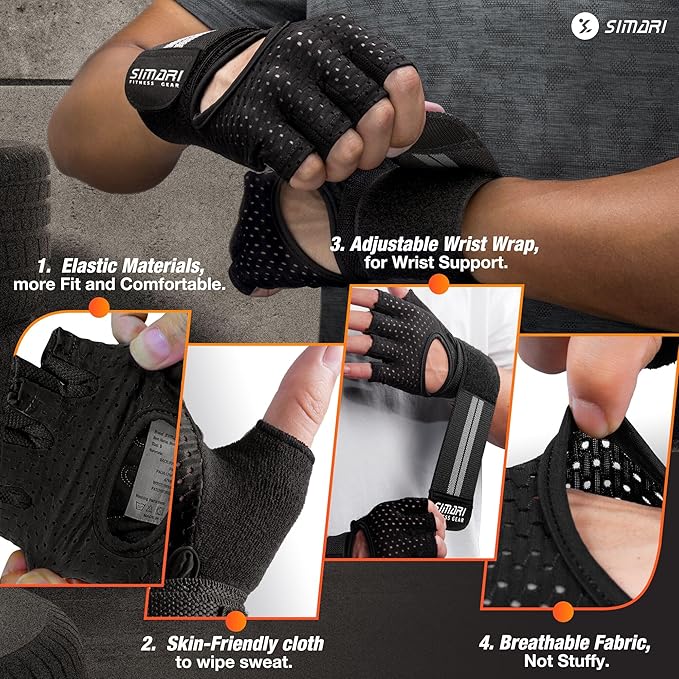 SIMARI Breathable Workout Gloves for Men Women, Padded Weight Lifting Gloves with Wrist Wraps Support, Full Palm Protection, Grip for Gym Training, Fitness, Weightlifting, Exercise Fingerless Black