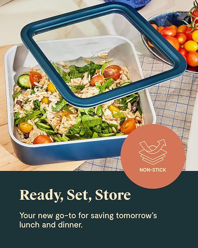 Caraway 2pc Glass Food Storage Set - 10 Cup Food Containers (2) - Ceramic Coated - Non Toxic, Non Stick Lunch Box with Lids. Dishwasher, Oven, & Microwave Safe - Cream