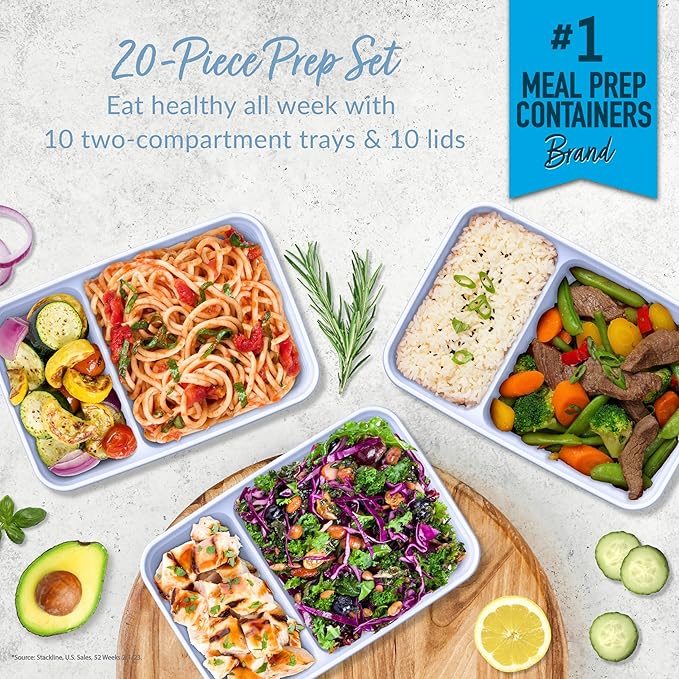 Bentgo 20-Piece Lightweight, Durable, Reusable BPA-Free 2-Compartment Containers - Microwave, Freezer, Dishwasher Safe - Periwinkle