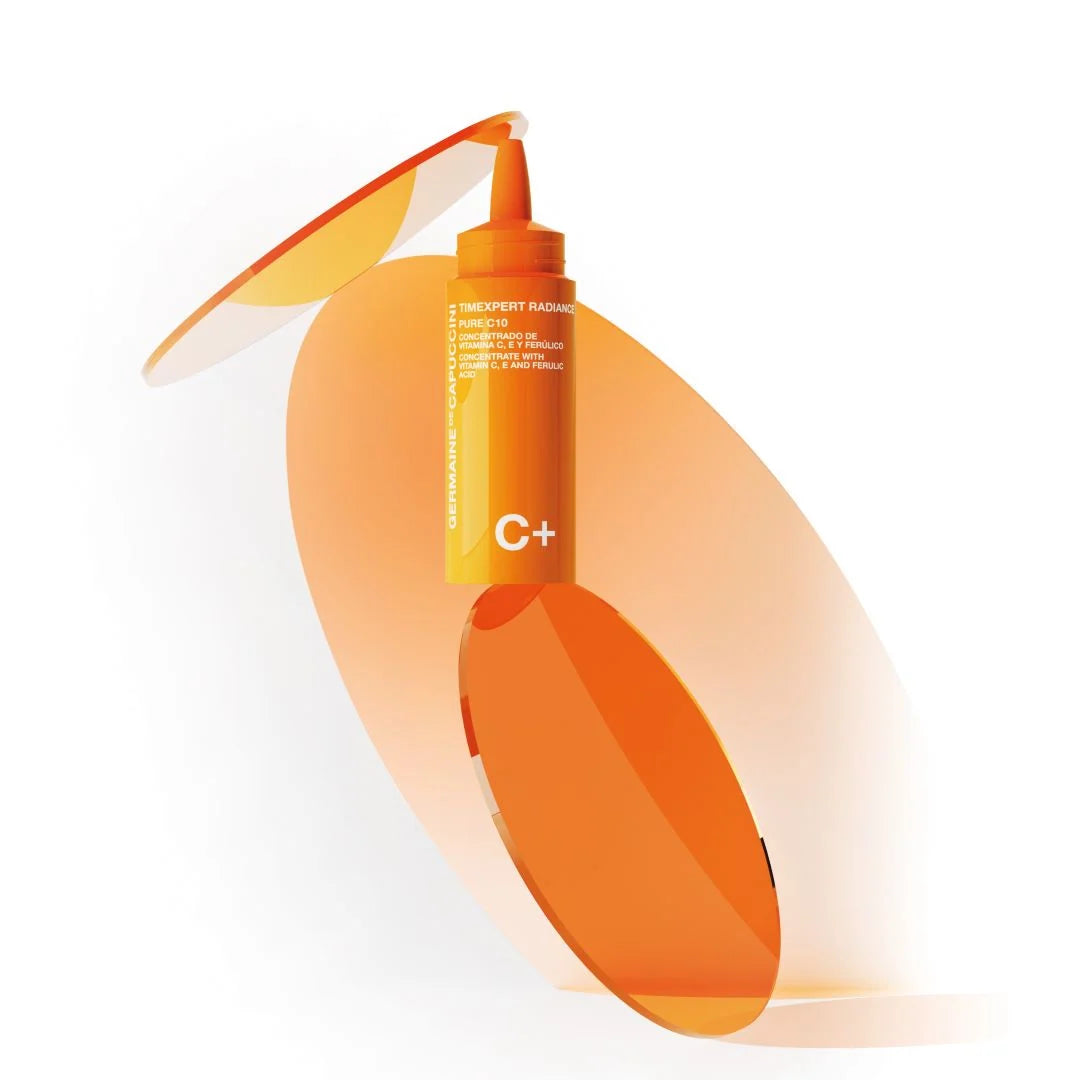 Germaine de Capuccini Timexpert Radiance Pure C10 vial with orange glass styling. Photo shows one vial; select the single-vial or two-vial pack.