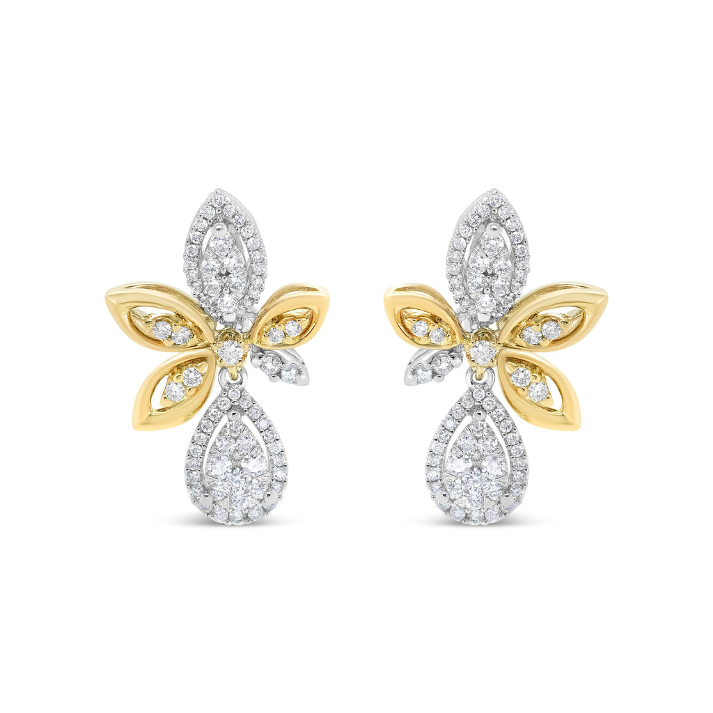 14K White and Yellow Gold 1.00 Cttw Round Pave-Set Diamond Teardrop and Marquise Shape Drop Dangle Earrings (H-I Color, SI1-SI2 Clarity)