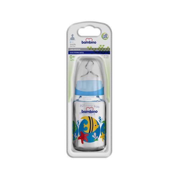 Bambino 125ml Glass Baby Bottle - Slow Flow, Non-Toxic, Blue Fish Design