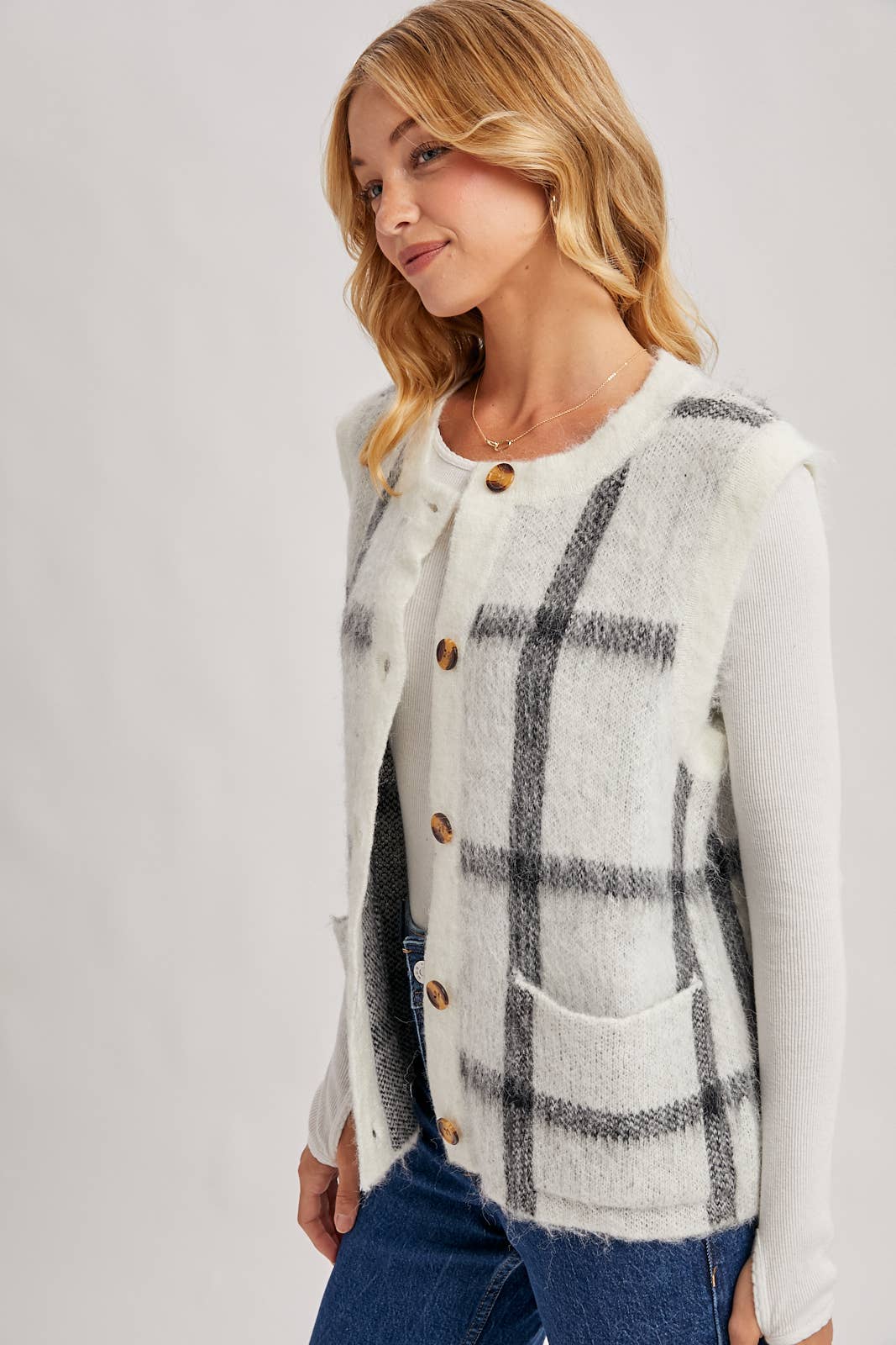 Button Down Plaid Knit Sweater Vest: Mocha