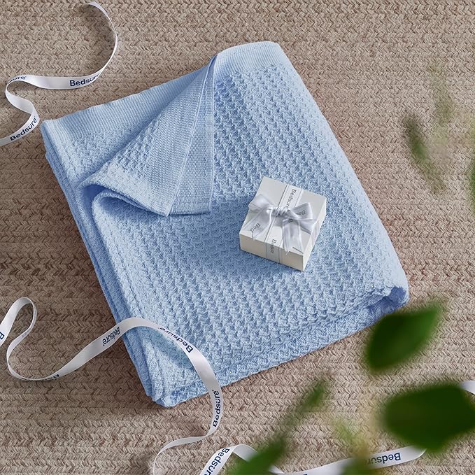 Bedsure 100% Cotton Blanket King Size for Bed - Breathable and Soft, Waffle Weave Blanket for Summer, Thick Cozy Fall Blankets for Women Gift, Sky Blue, 104x90 inches