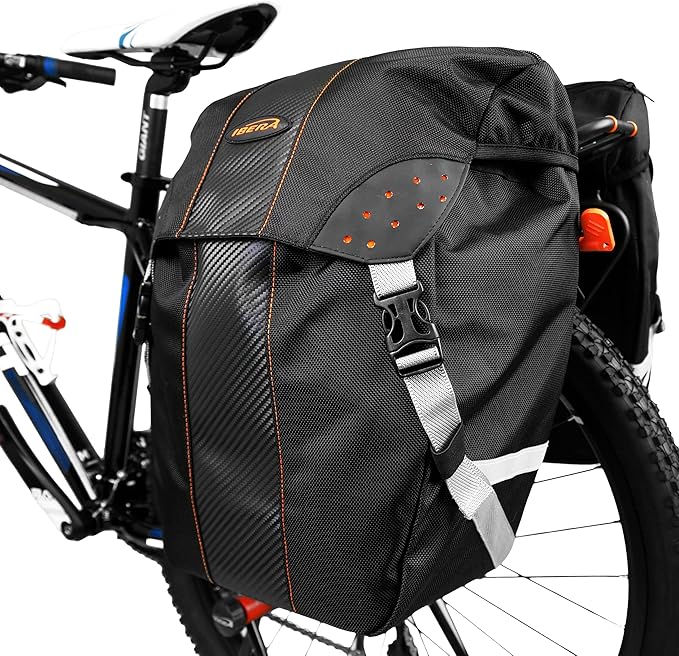 Ibera Bicycle Bag PakRak Clip-On Quick-Release All Weather Bike Panniers (Pair), Includes Rain Cover , Black