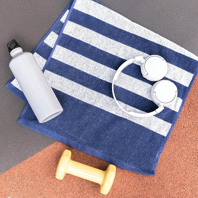 Luzia Striped Workout Towel for Sweat (Pack of 2) - Premium Quality 100% Turkish Cotton - Lightweight and Super Absorbent for Exercise, Sports, Workout, Fitness, Gym, Yoga, Running (Blue)