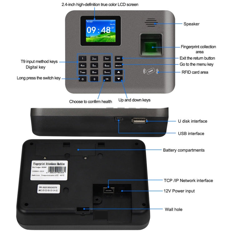 Realand AL325D Fingerprint Time Attendance with 2.4 inch Color Screen & ID Card Function & WiFi & Battery