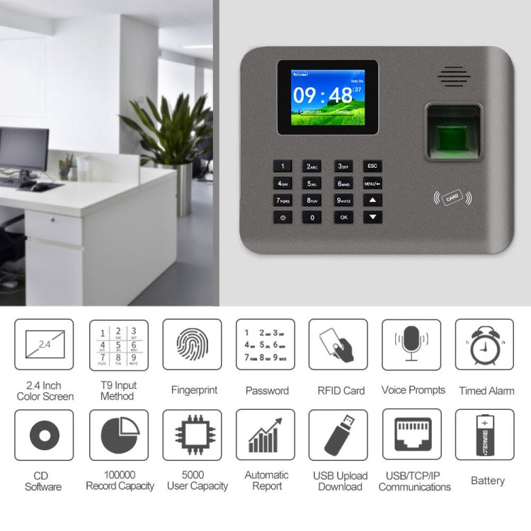 Realand AL325D Fingerprint Time Attendance with 2.4 inch Color Screen & ID Card Function & WiFi & Battery