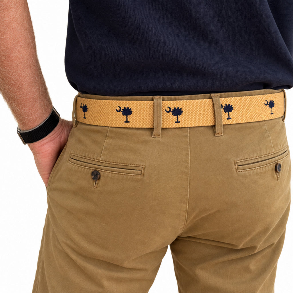 SC State Flag Palmetto Moon Belt Beige Navy Blue Embroidered Woven Web Award Winning Design