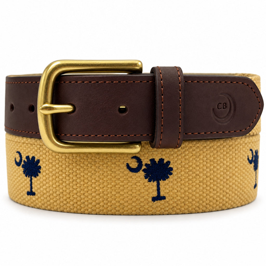 SC State Flag Palmetto Moon Belt Beige Navy Blue Embroidered Woven Web Award Winning Design
