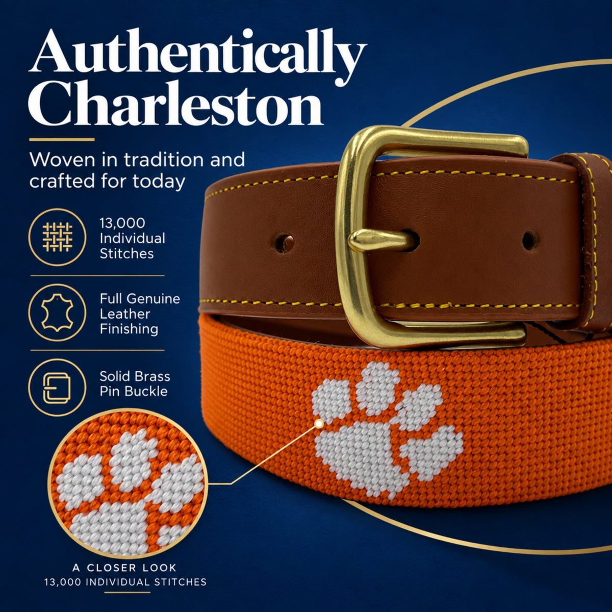Clemson University Tigers - Officially Licensed - Hand-stitched Needlepoint Belt
