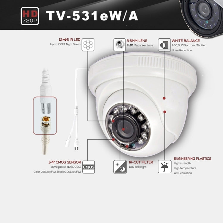 531eA CE & RoHS Certificated Waterproof  3.6mm 1MP Lens AHD Camera with 12 IR LED, Support Night Vision & White Balance