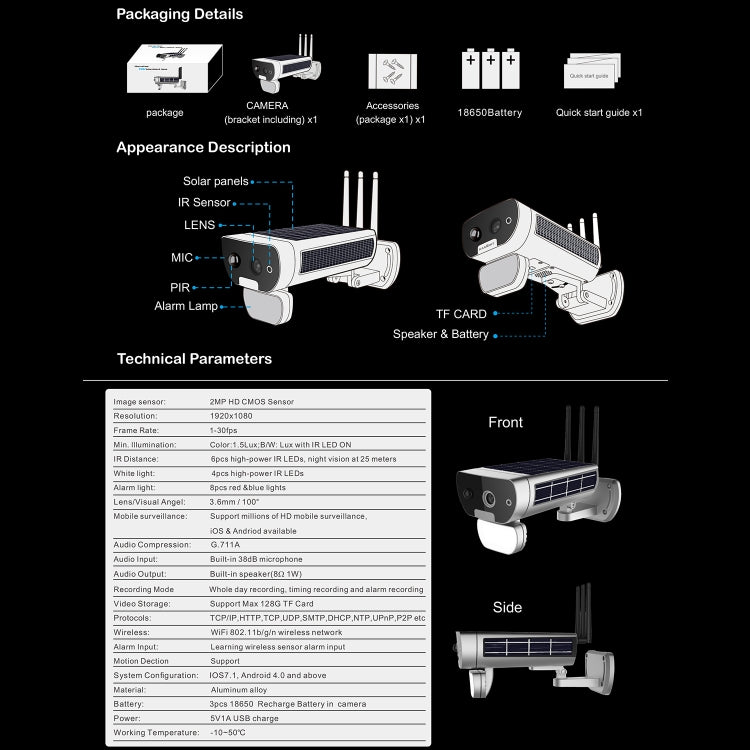 T8 1080P Full HD Solar Battery Ultra Low Power Sound Light Alarm Network Camera, Support Motion Detection, Night Vision, Two Way Audio, TF Card