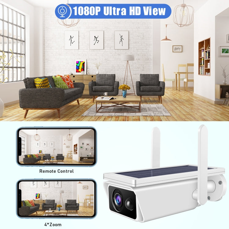 T13-2 1080P HD Solar Powered 2.4GHz WiFi Security Camera with Battery, Support Motion Detection, Night Vision, Two Way Audio, TF Card