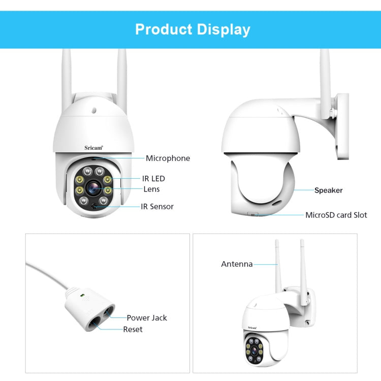 Sricam SP028 1080P HD Outdoor PTZ Camera, Support Two Way Audio / Motion Detection / Humanoid Detection / Color Night Vision / TF Card, EU Plug