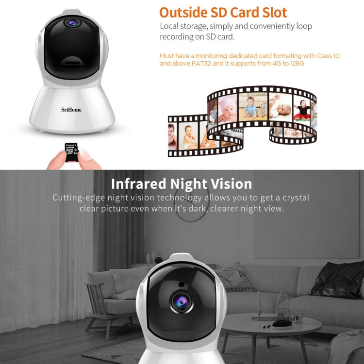 SriHome SH025 2.0 Million Pixels 1080P HD AI Auto-tracking IP Camera, Support Two Way Audio / Motion Tracking / Humanoid Detection / Night Vision / TF Card, UK Plug