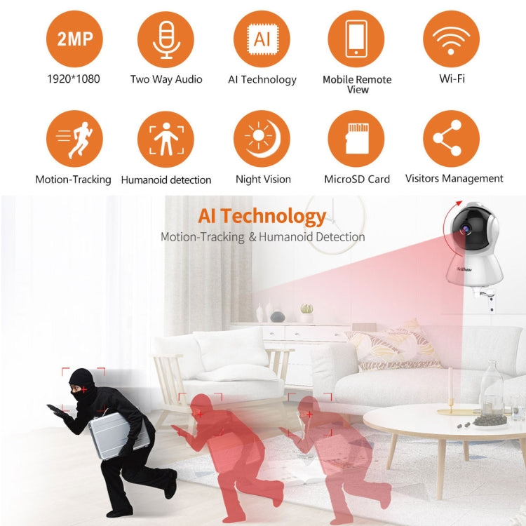 SriHome SH025 2.0 Million Pixels 1080P HD AI Auto-tracking IP Camera, Support Two Way Audio / Motion Tracking / Humanoid Detection / Night Vision / TF Card, EU Plug