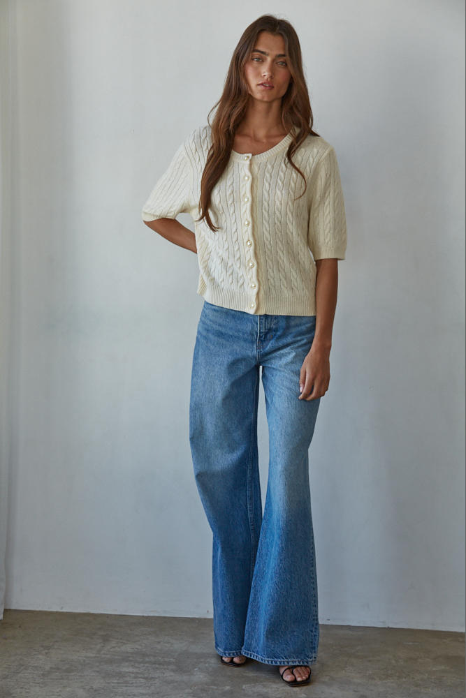 Bonjour Cable Knit Cardigan Top: Cream