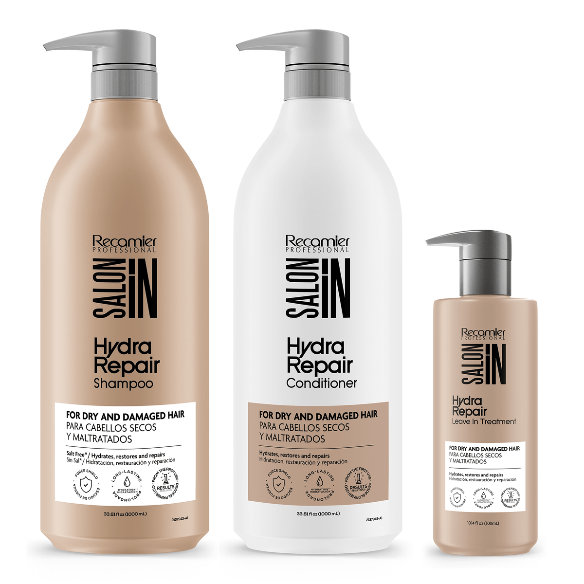 Recamier Salon In Hydra Repair 3-Piece Set: Shampoo + Conditioner 33.8 oz + Leave-In Treatment 10.1 oz
