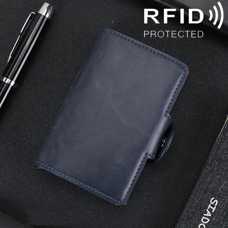 X-7 Antimagnetic RFID  Multi-functional Aluminum Crazy Horse Texture Leather Card Bag Wallet(Dark Blue)