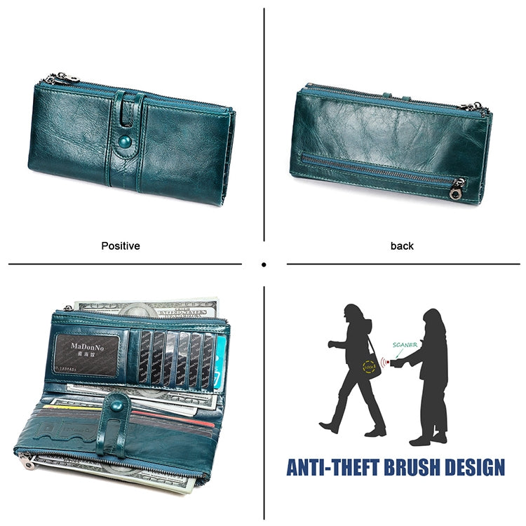 3520 Long Cowhide Leather Folding Anti-magnetic RFID Wallet for Ladies, with Card Slots(Blue)