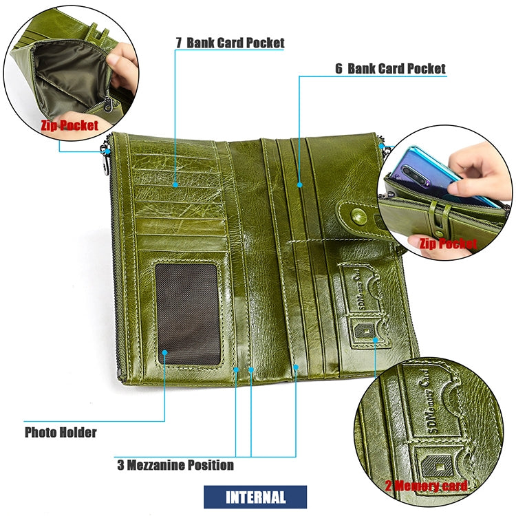 3520 Long Cowhide Leather Folding Anti-magnetic RFID Wallet for Ladies, with Card Slots(Blue)
