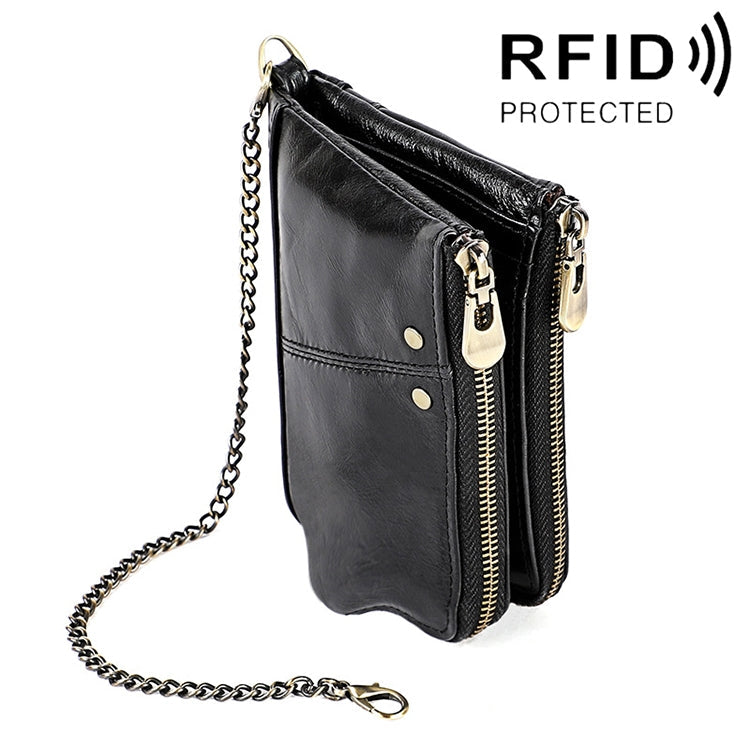 LT3533 Long Crazy Horse Texture Cowhide Leather Folding Anti-magnetic RFID Wallet Clutch Bag for Men, with Card Slots & Shoulder Strap(Black)